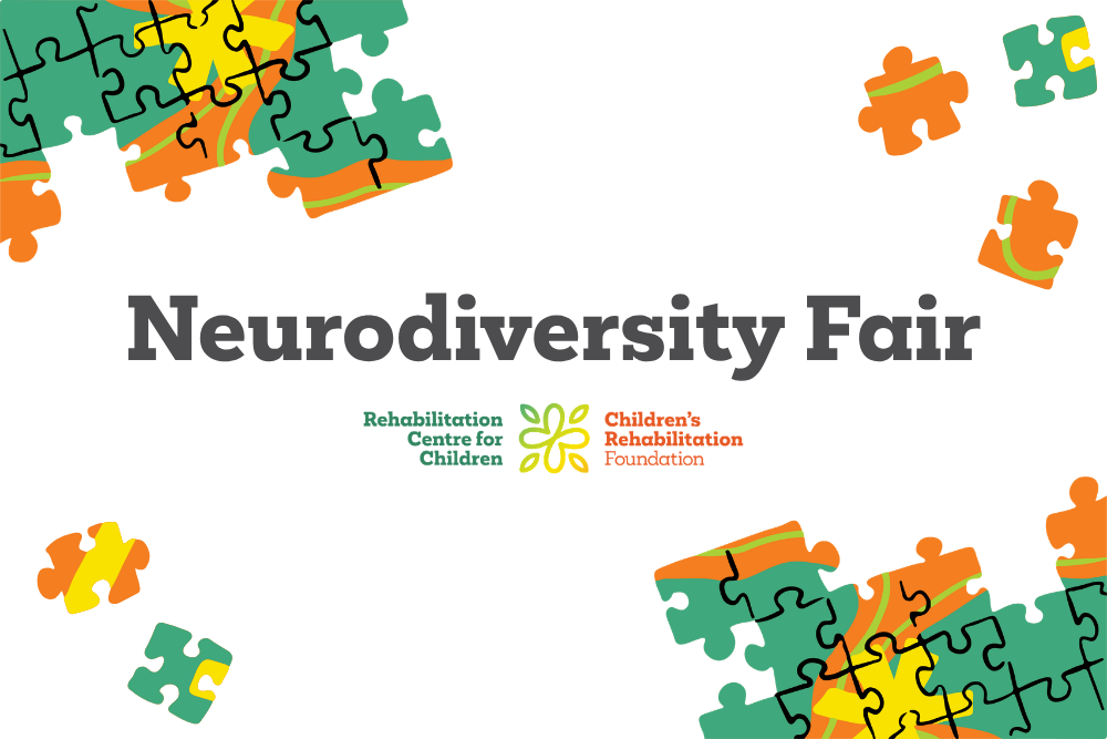 Title slide reading “Neurodiversity Fair” in large grey text on a light background. Colorful green, orange, and yellow puzzle pieces decorate the corners. Below the title are the logos for the Rehabilitation Centre for Children and the Children’s Rehabilitation Foundation.